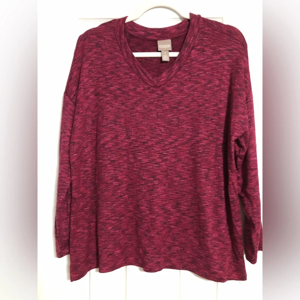 Chico’s V neck sweater womens Chico size 1 is size 8 medium pink black soft cozy - Picture 1 of 7